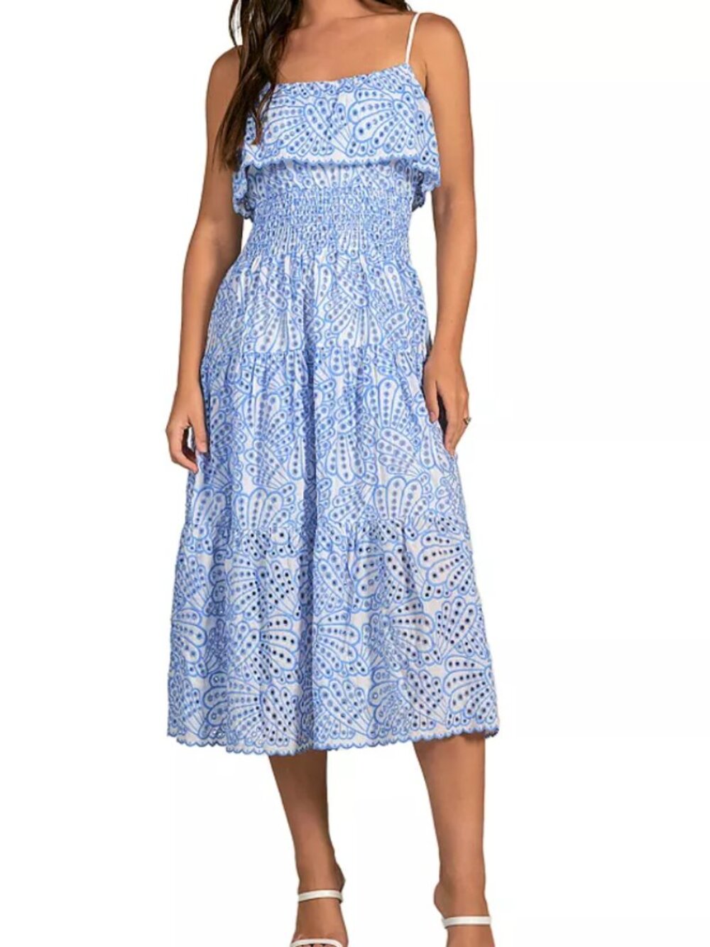 Elan Eyelet Tiered Midi Dress, Spaghetti Strap w/ Flounce Top - Womens Small